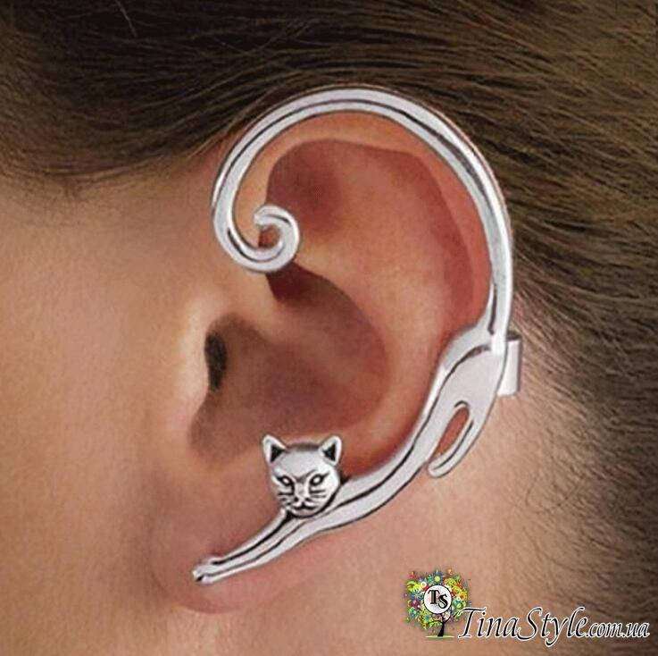 

Сережка каффа каф клипса кошка котик кот серебро