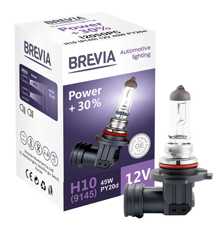 

Галогеновая лампа Brevia H10 (9145) 12V 45W PY20d Power +30% 12050PC