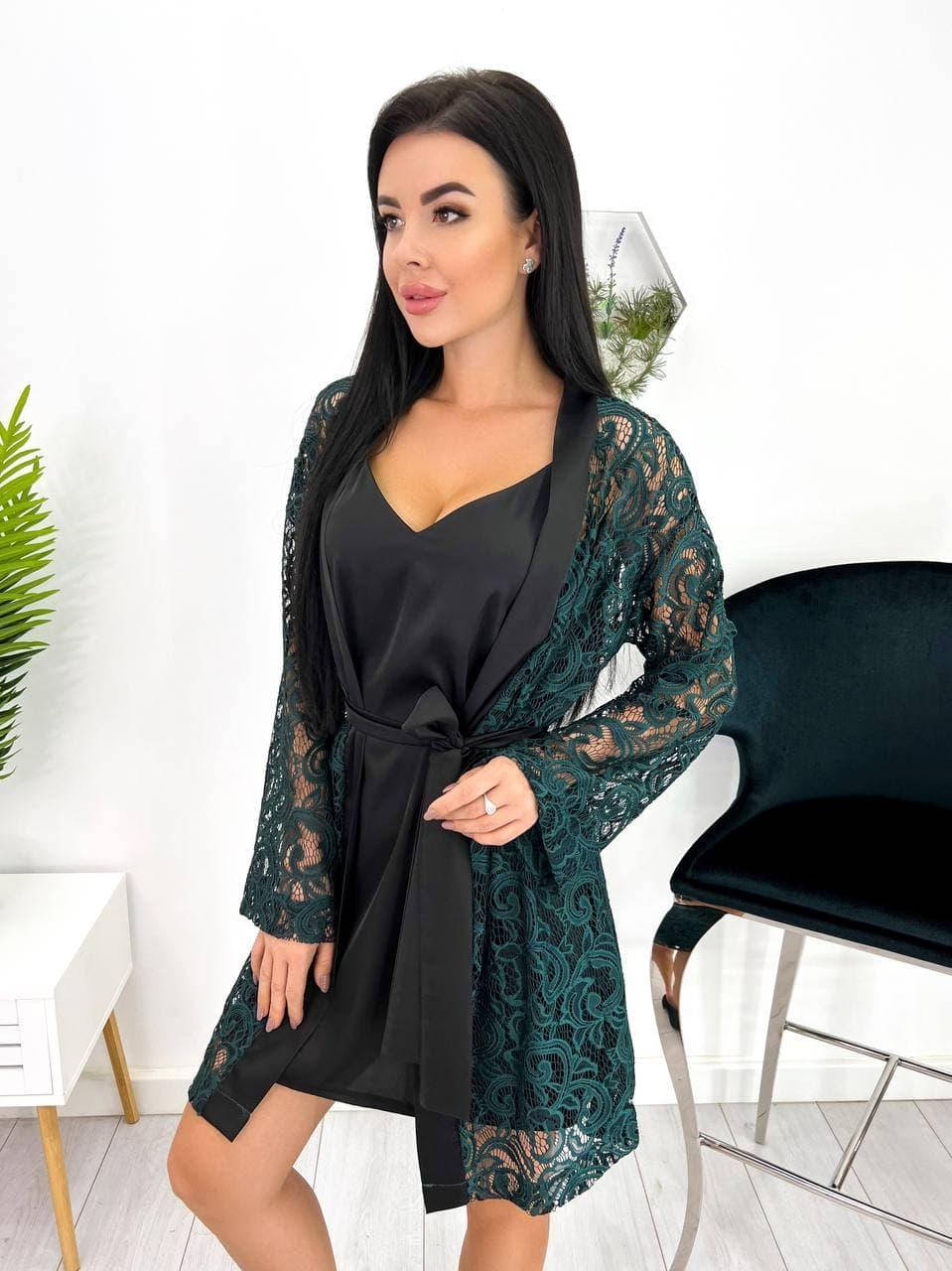 

Женский кружевной халат с шелковой ночнушкой / Пеньюар женский / Кружевной халат с ночнушкой шолковой