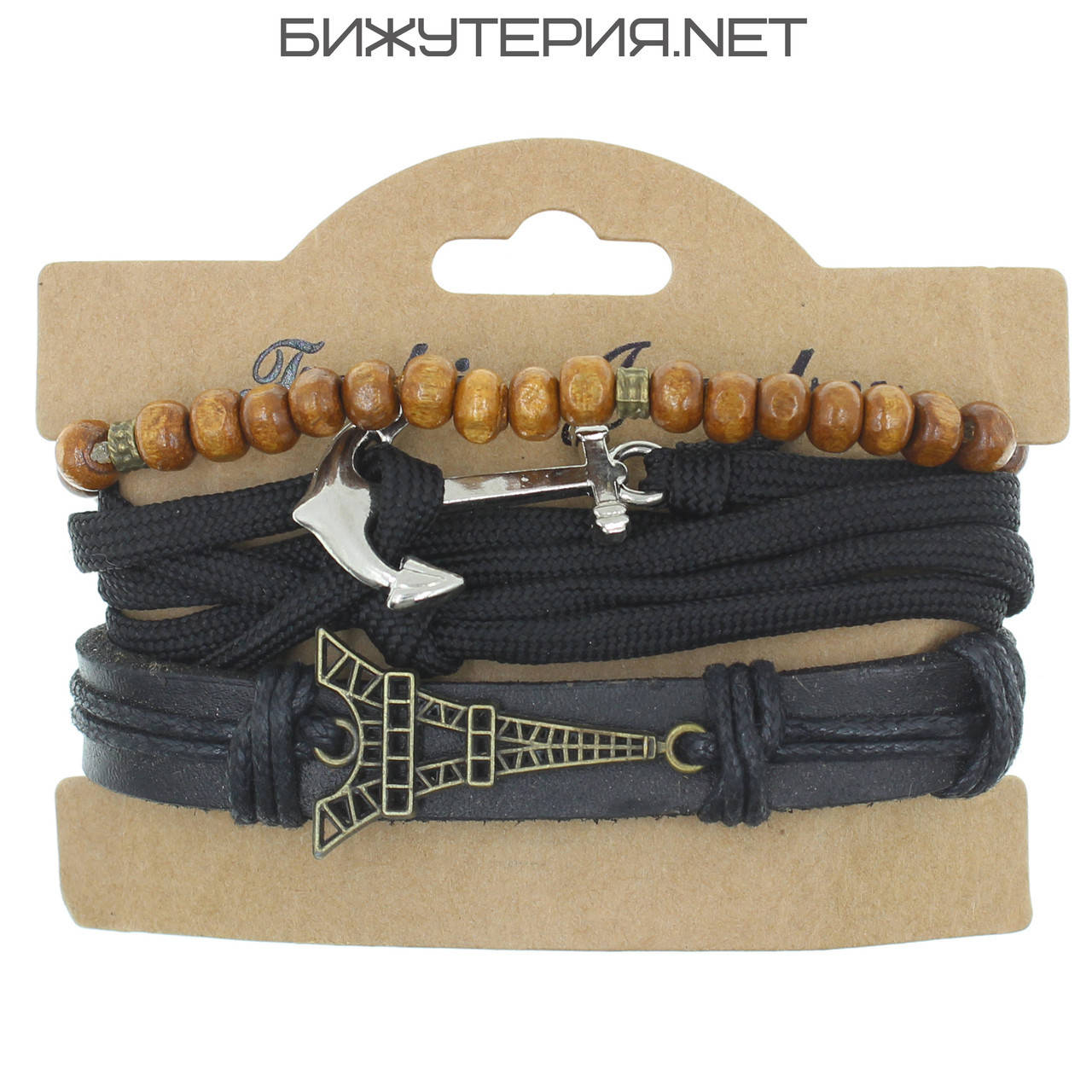 

Браслет намотка многорядный с элементами эйфелева башня Stainless Steel эко кожа черный на затяжках