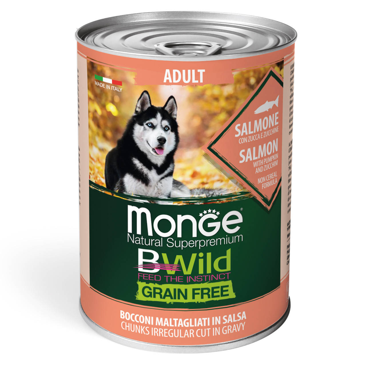 

Monge Bwild Dog Adult Мясные кусочки в соусе с лососем, тыквой и цукини для взрослых собак всех пород 400 гр