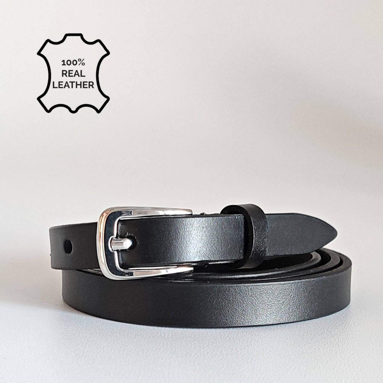 

Женский тонкий черный кожаный ремень 1,5см