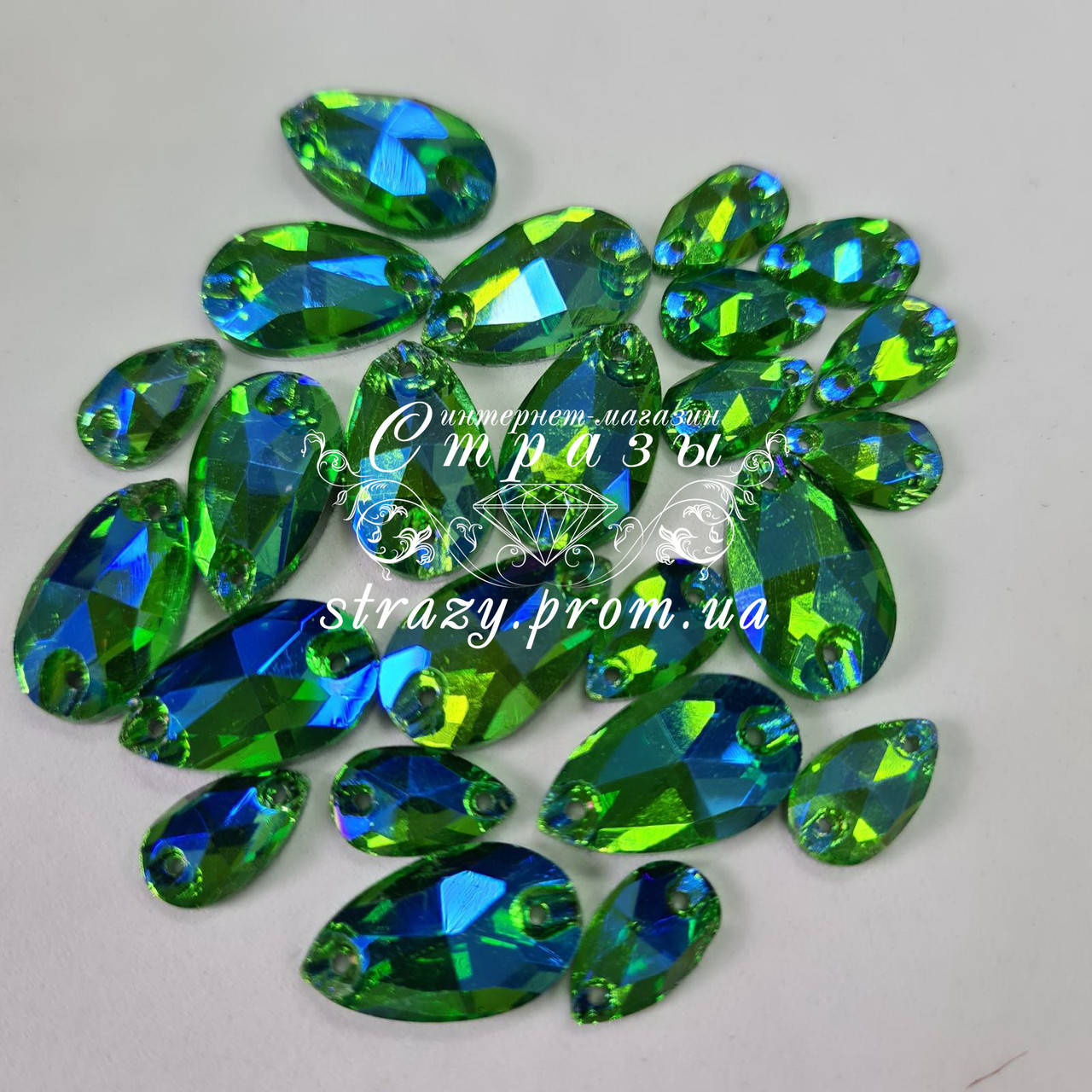 

Стразы Капля 7*12мм. Green AB Эконом