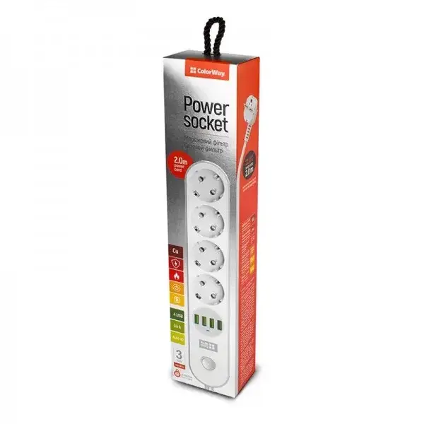 

Сетевой фильтр ColorWay CW-CHE44W White 4 розетки, 4 USB, 2 м