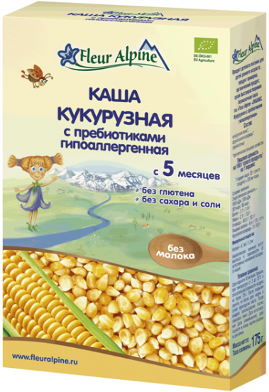 

Fleur Alpine Organic Каша безмолочная Кукурузная с пребиотиками гипоаллергенная 5м+ 175 г (Германия)