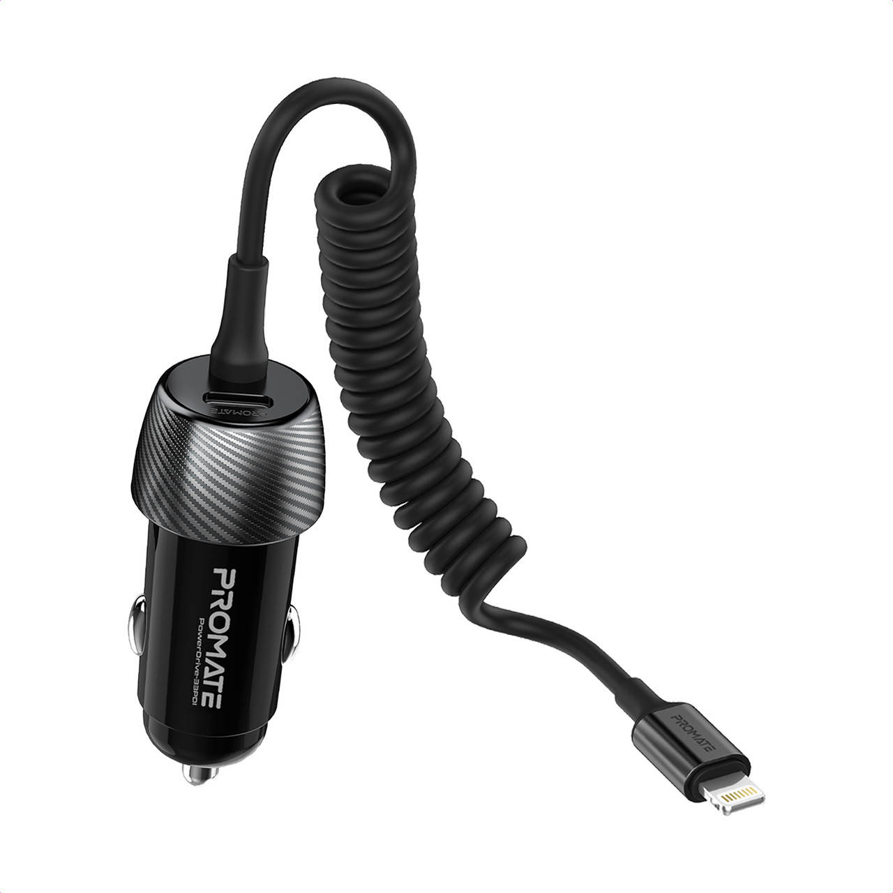 

Автомобильное зарядное устройство Promate PowerDrive-33PDI, 33 Вт, USB-C порт + Lightning кабель Black