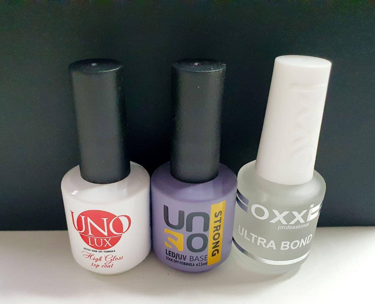 

База и Топ UNO по 15 мл + Ултрабонд OXXI 15 ml (Стронг база и Топ Lux high gloss top без липкого слоя)