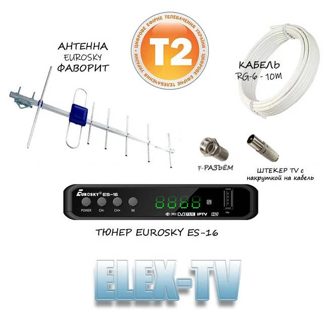 

КОМПЛЕКТ Т2 Тюнер ES-16 + антенна наружная Eurosky ФАВОРИТ (до 65 км)