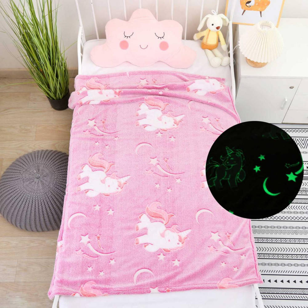 

Детский плед покрывало единорги светящийся в темноте 100х110 см Magic Blanket, Розовый