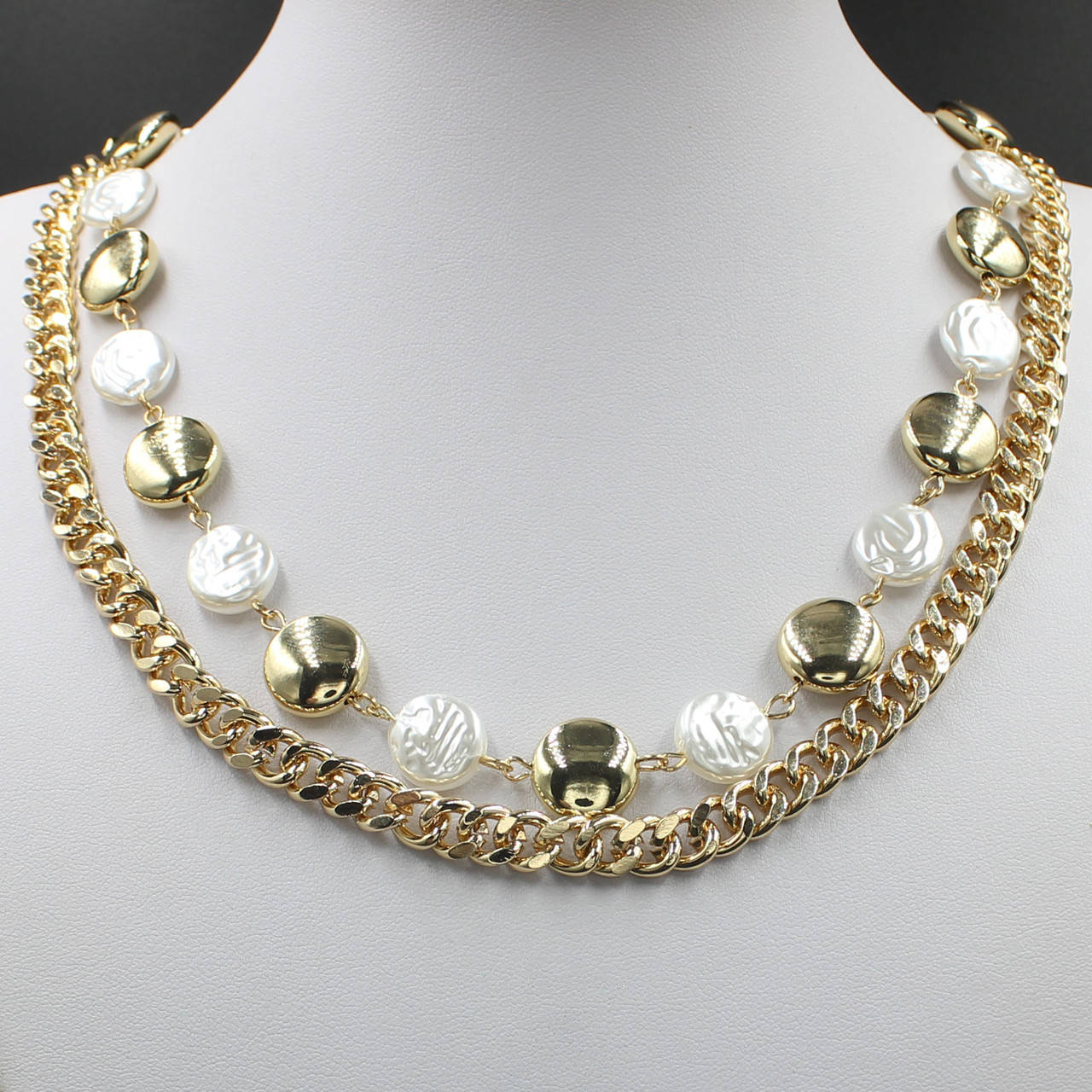 

Цепь многолойная женская золотистая 2 ряда панцерная массивная с жемчугом и монетками