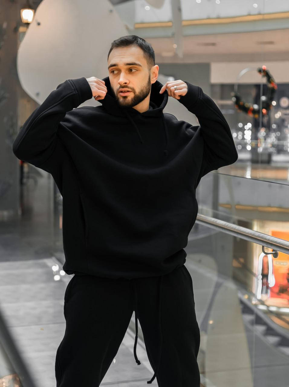 

Костюм мужской спортивный Oversize Intruder черный Худи толстовка на флисе+штаны черные теплы