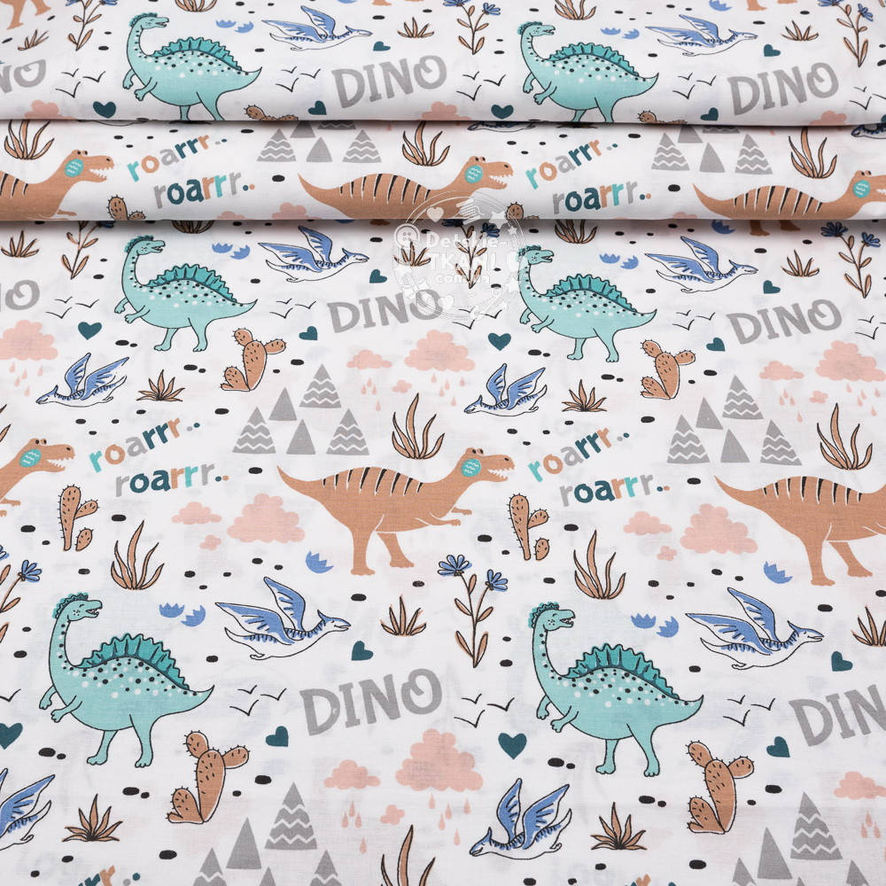 

Поплин шириной 240 см "Динозавры DINO" на белом фоне (№3077), Разные цвета