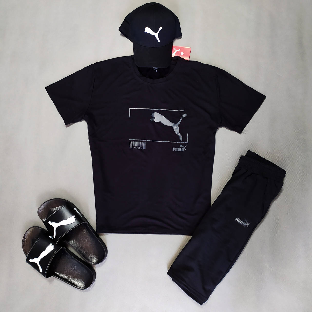 

РАСПРОДАЖА Мужской летний комплект Puma черно-серый (футболка, шорты), Черный