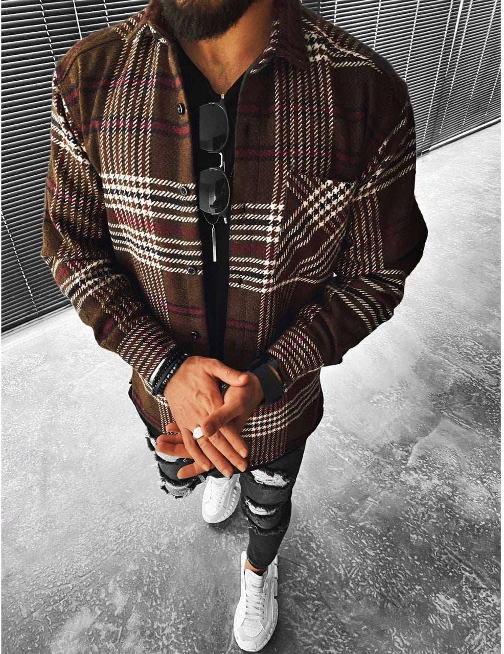 

Мужская стильная байковая клетчатая рубашка (коричневая) XL, Коричневый