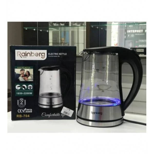 

Чайник электрический стеклянный электрочайник с LED подсветкой Rainberg RB-704 2 л 2200 Вт