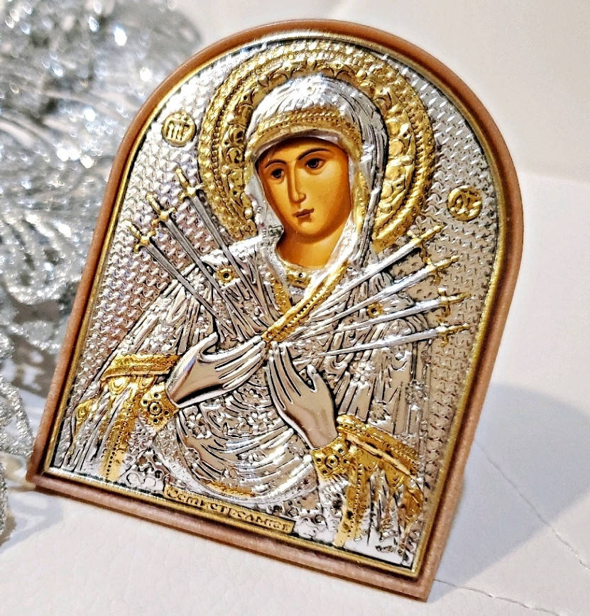 

Серебряная Икона "Семистрельная", драгоценная, ювелирная