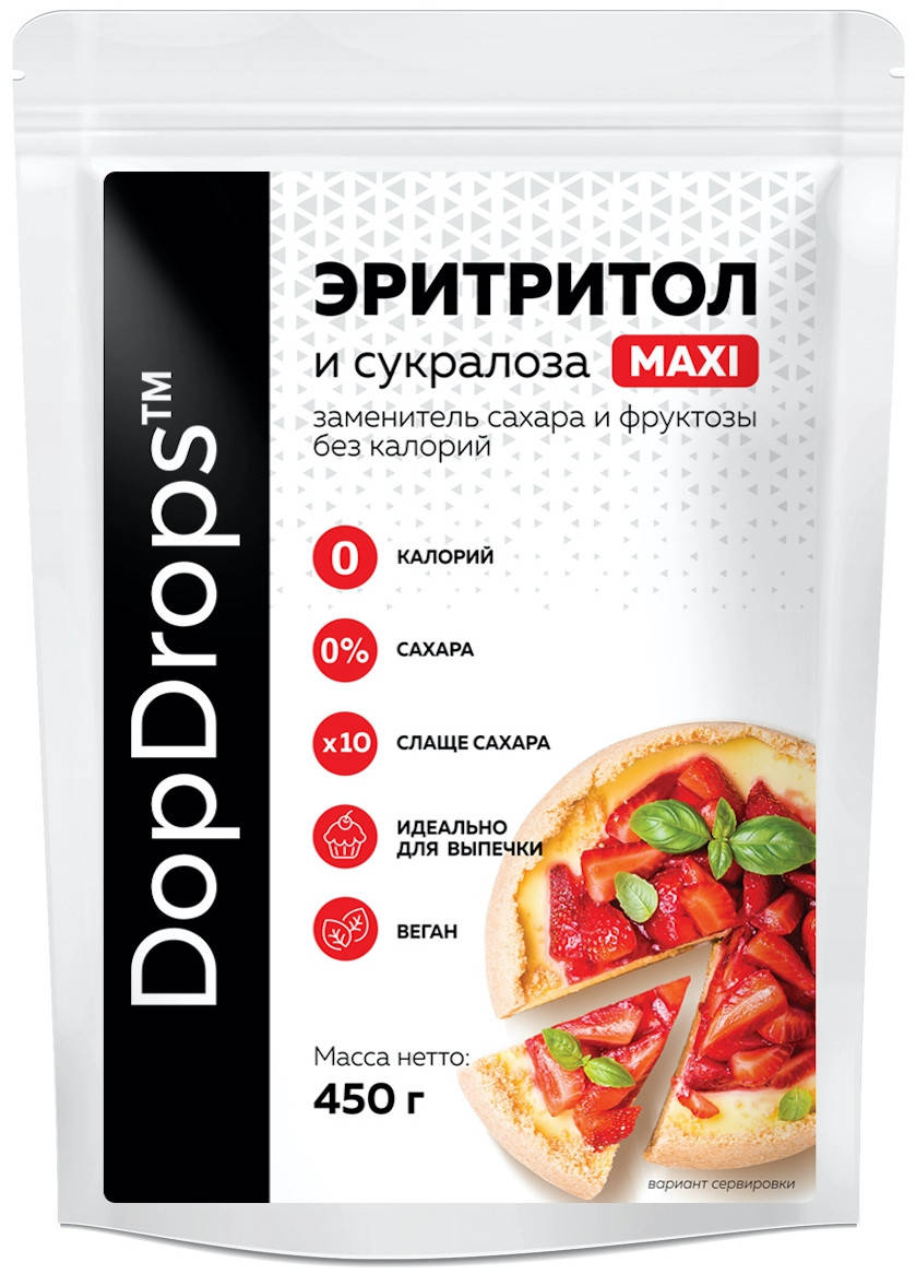 

Сахарозаменитель DopDrops™ Эритритол и Сукралоза MAXI (1:10) дой-пак (450 грамм)