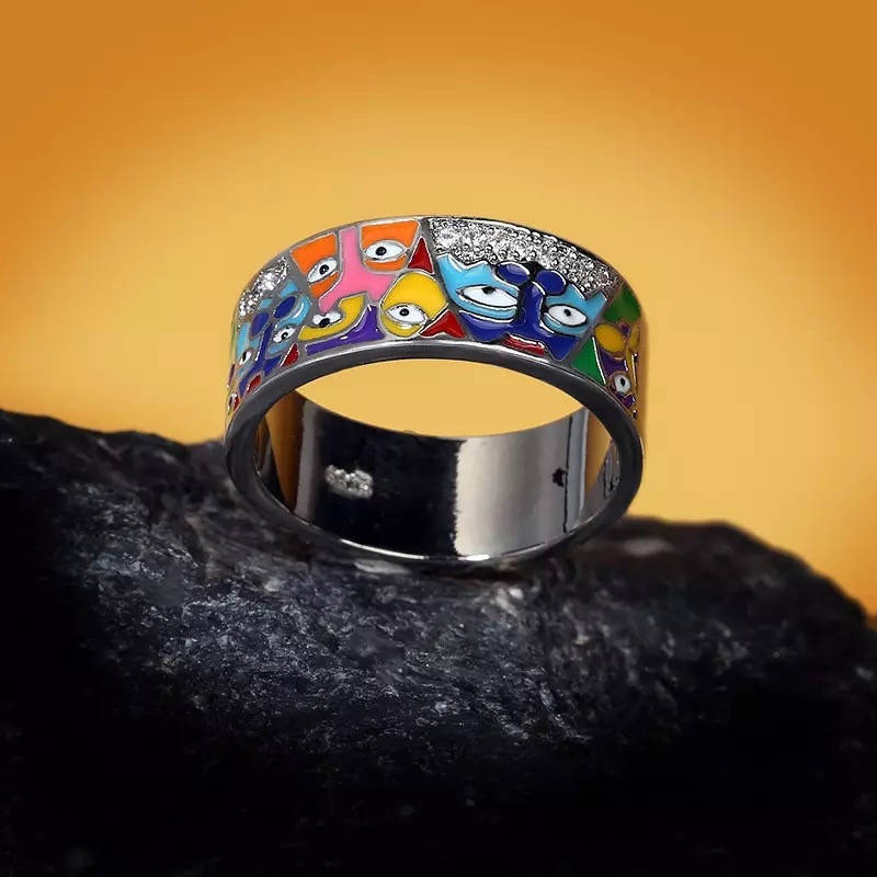 

Серебряное кольцо с цветной эмалью "Кот" 925 проба