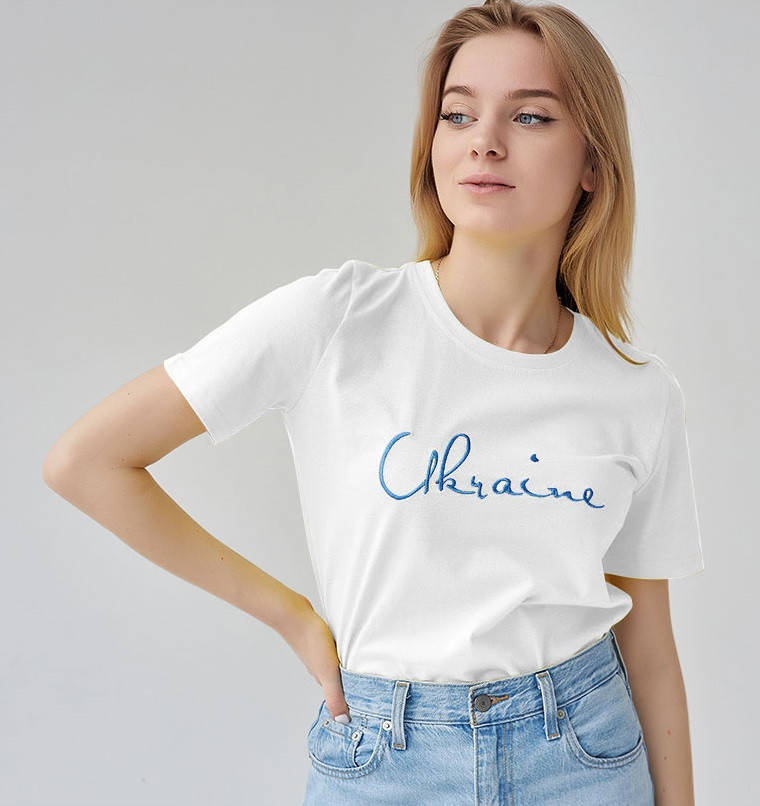 

Футболка женская хлопковая, патриотическая с вышивкой Украина, белая, синяя, Белый