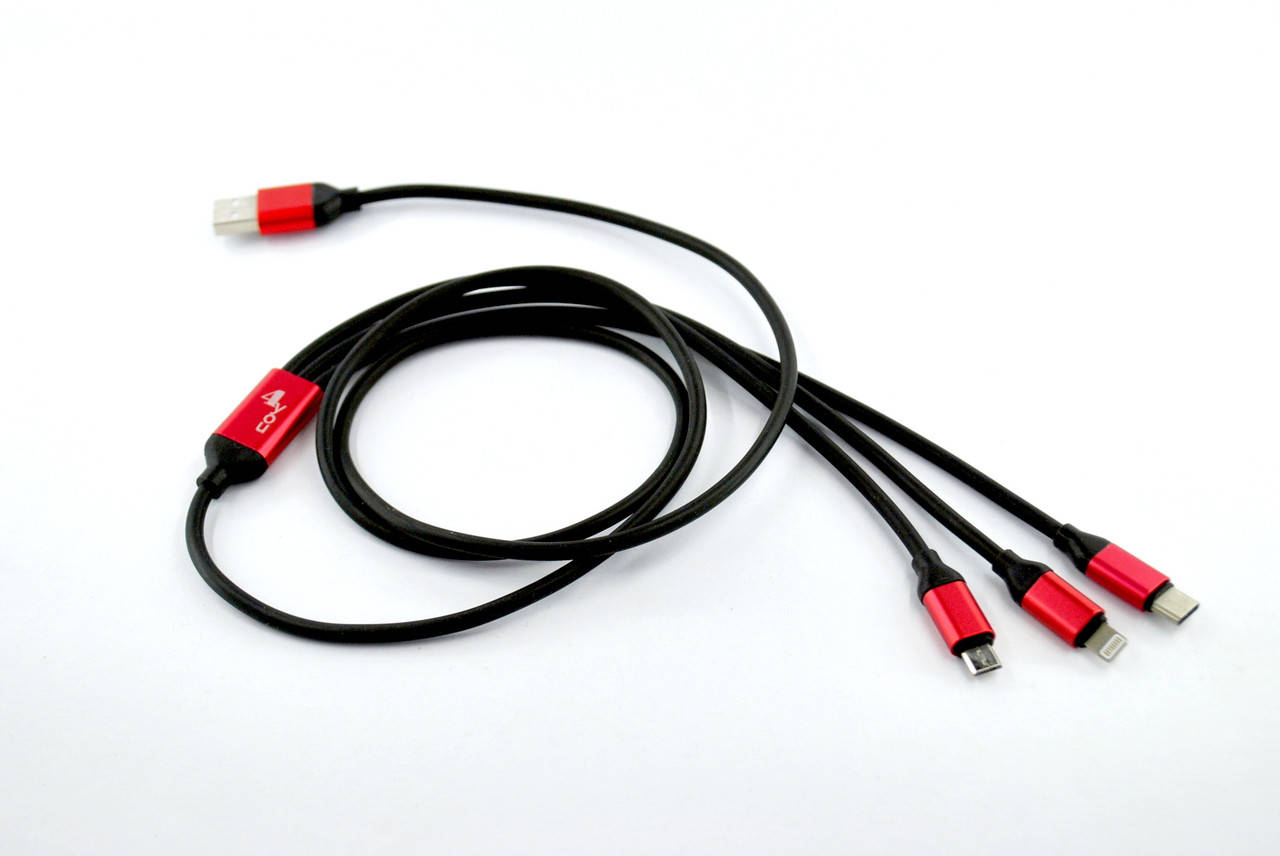 

Кабель Usb 3 в 1 Micro/Lightning/Type-C 4you Vishera (soft tpe, 1.2м, черно-красный)