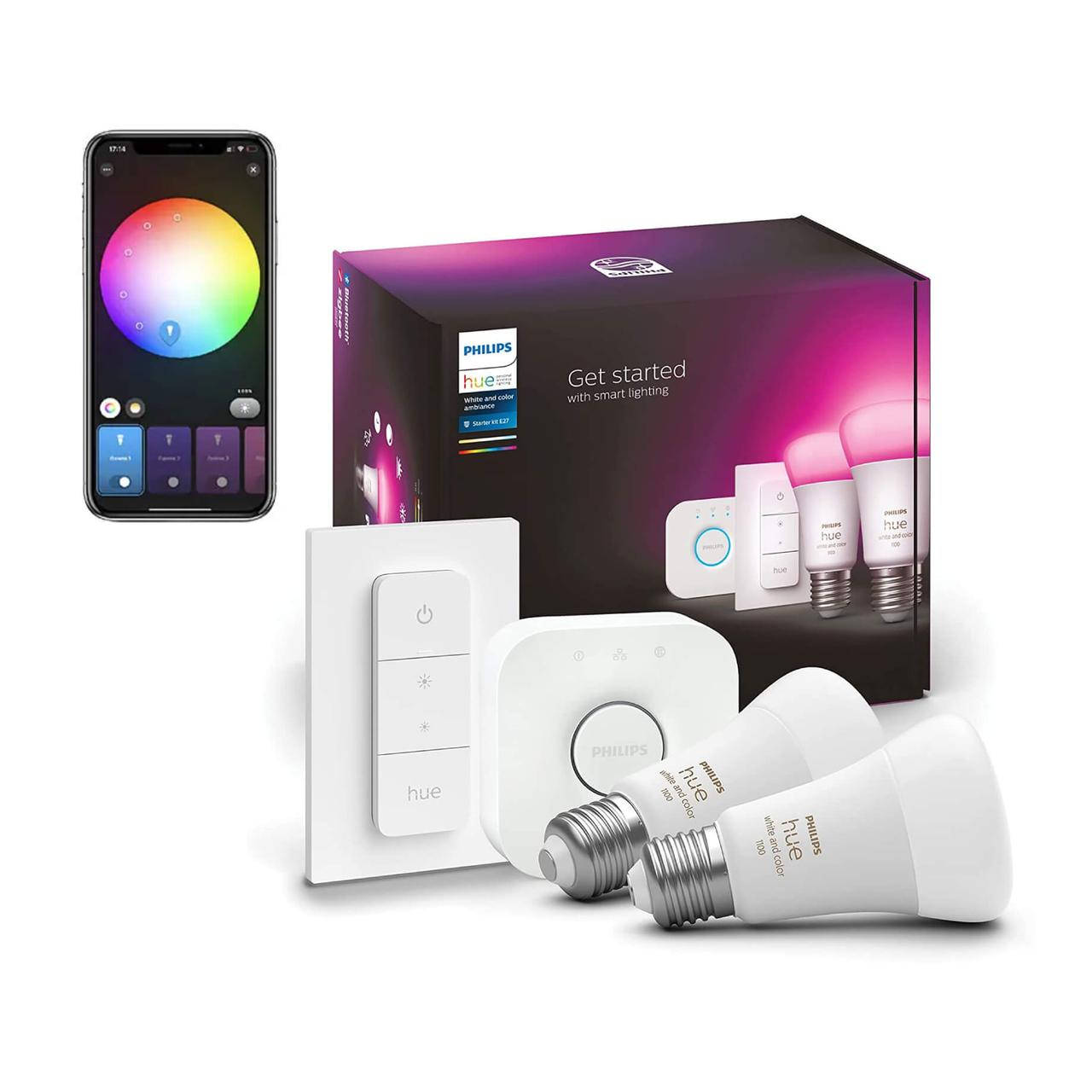 

Стартовый комплект Philips Hue Color E27 1100лм 75Вт 2 шт. + Philips Hue Dimmer + Philips Hue Bridge HomeKit