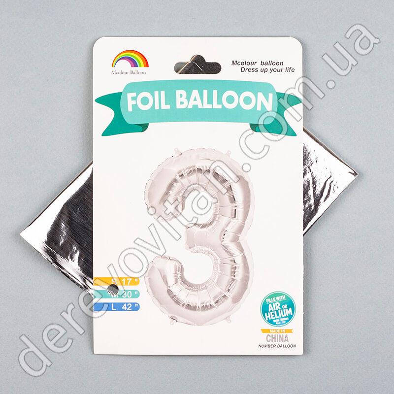 

Воздушный/гелиевый шар-цифра "3", серебро, 1 м (42"), Серебристый