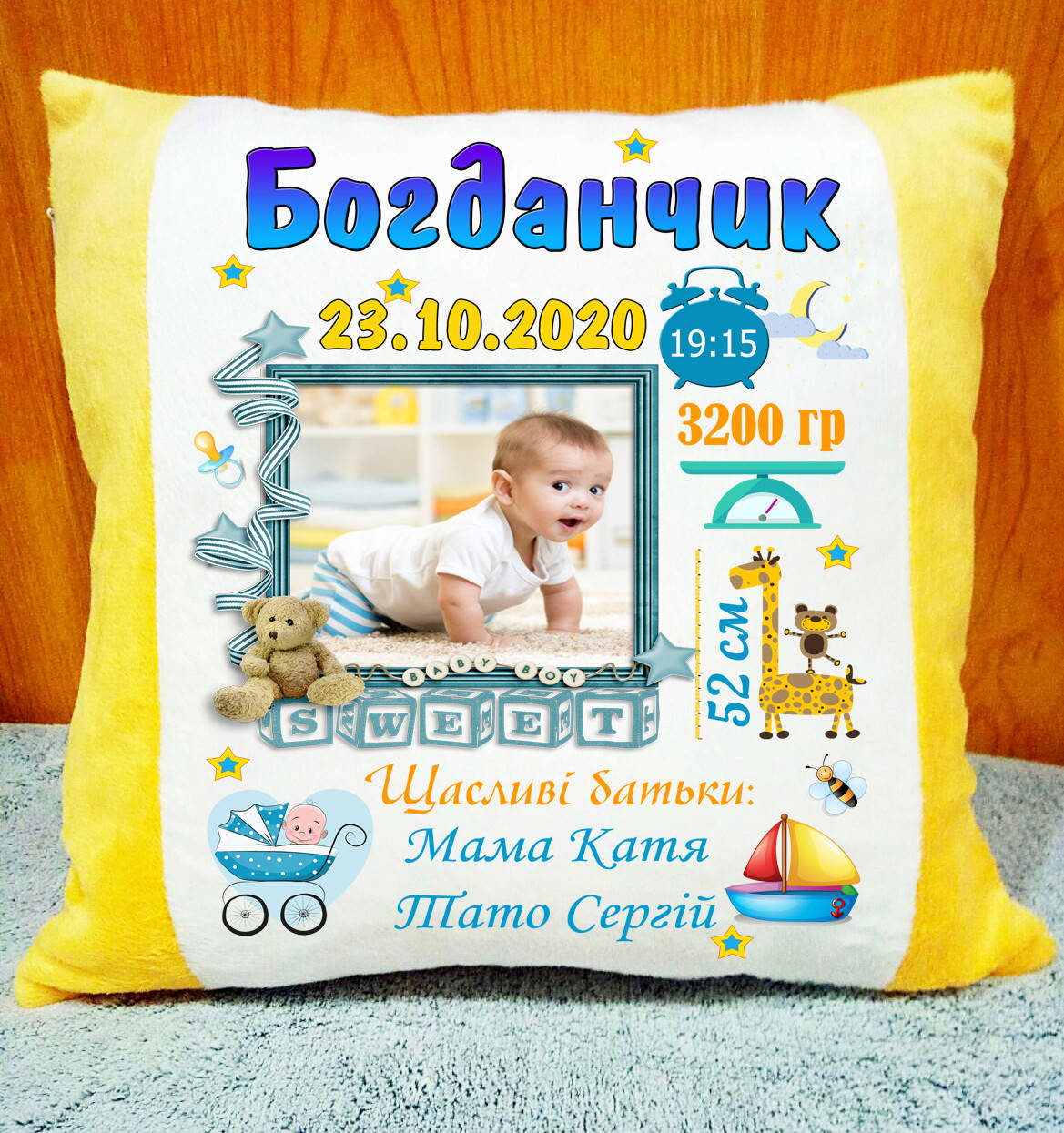 

Подушка метрика с Вашим фото. Плюшевая декоративная подушка на подарок 40*40 см