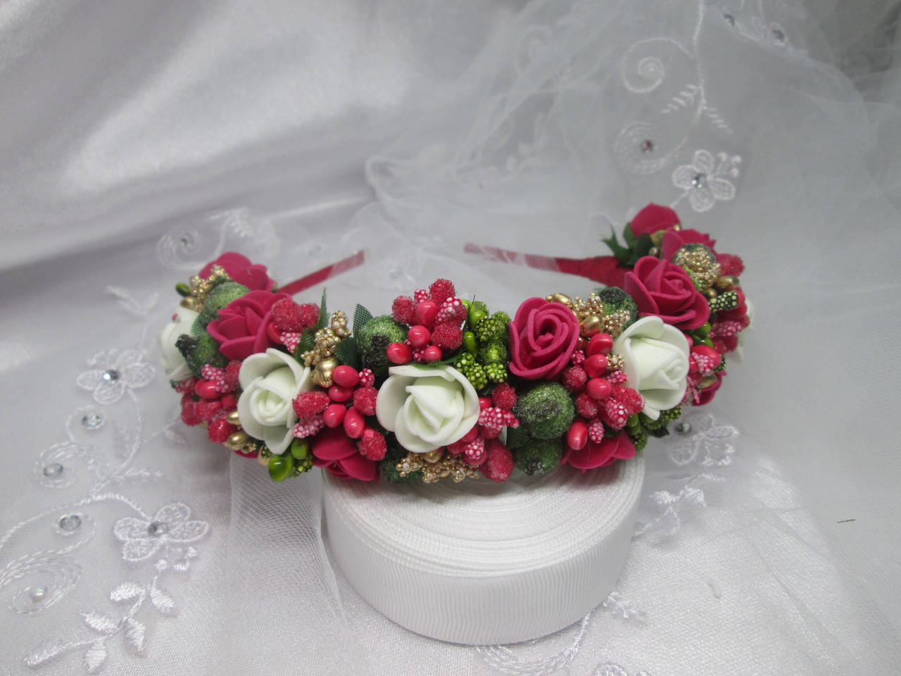 

Обруч-віночок, вишневий+кремовий+золотий+оливковий