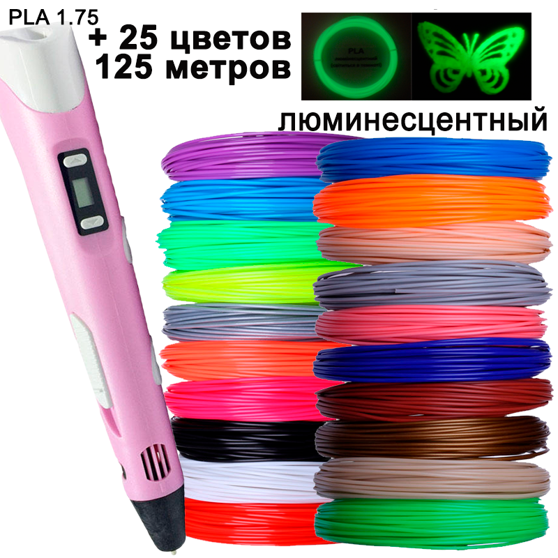 

3D ручка розовая c LCD дисплеем (3D Pen-2) +Подставка +комплект пластика 25 цветов, 125 метров +трафареты