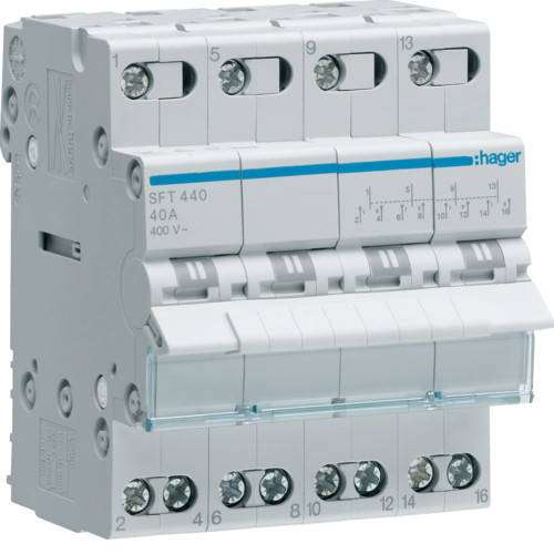 

Hager SFT 440 перемикач трьохпозиційний (введення резерву I-0-II) 4P 40A 400VAC