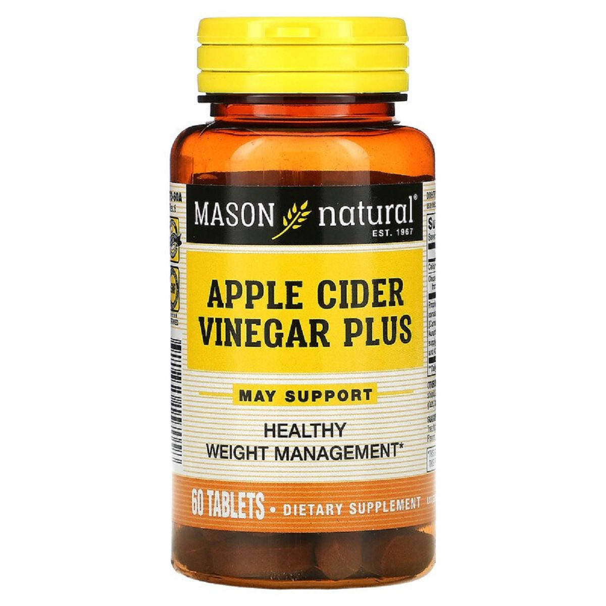 

Яблочный уксус+, Apple Cider Vinegar Plus, Mason Natural, 60 таблеток