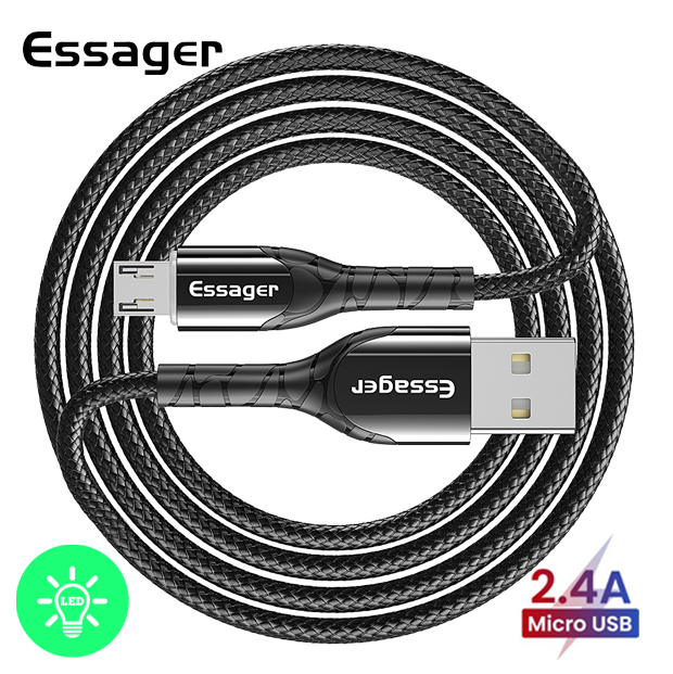 

Зарядный кабельс Zinc чёрный с подсветкой ESSAGER micro USB 2,4A 1метр, Черный