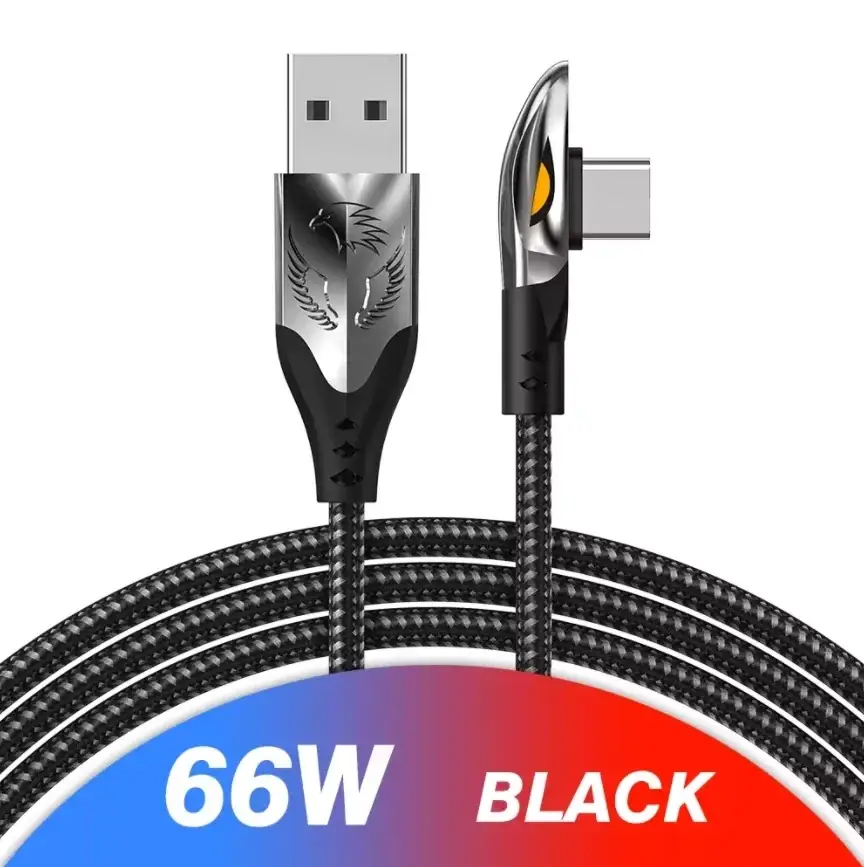 

Кабель угловой 90 градусов для быстрой зарядки 66W 6A USB - Type-C 1 метр AW44, Черный