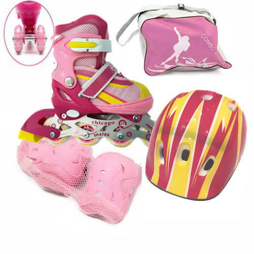 

Ролики раздвижные Maraton размер 25-28 с шлемом и защитой Розовые с желтым со светом