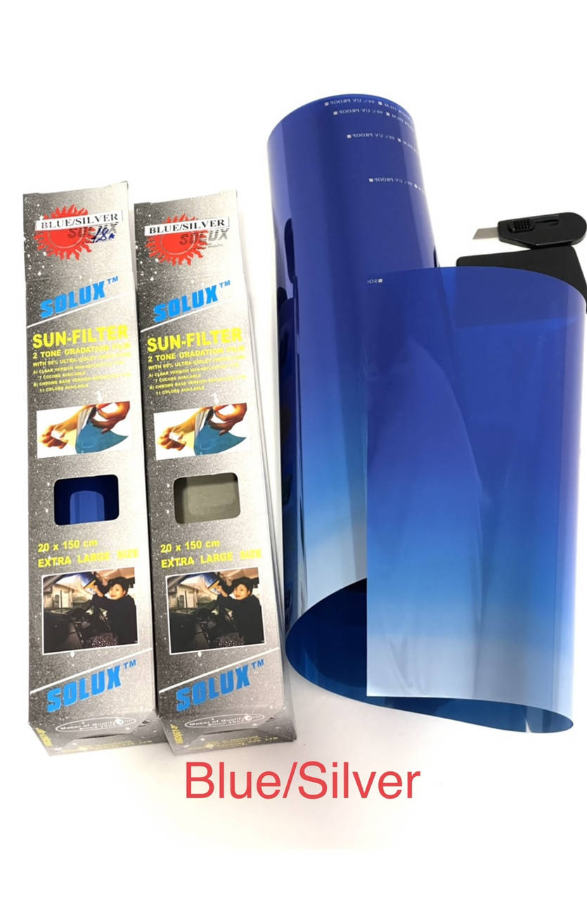 

Тонировка на лобовое стекло Solux Blue/Silver 20cmх1,5m полоса с металлическим покрытием и с переходом., Синий