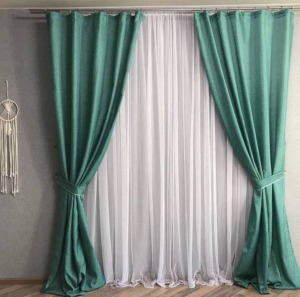 

Готовый комплект однотонных льняных штор тесьме 150х270см Цвет Бирюзовый