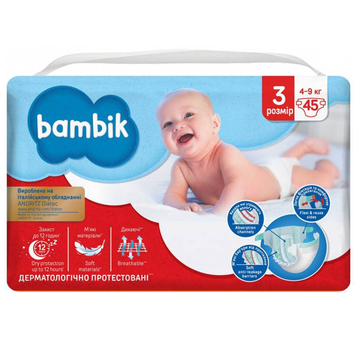 

Подгузники детские одноразовые Bambik Jumbo MAXI 3 размер 4-9 кг 45 шт