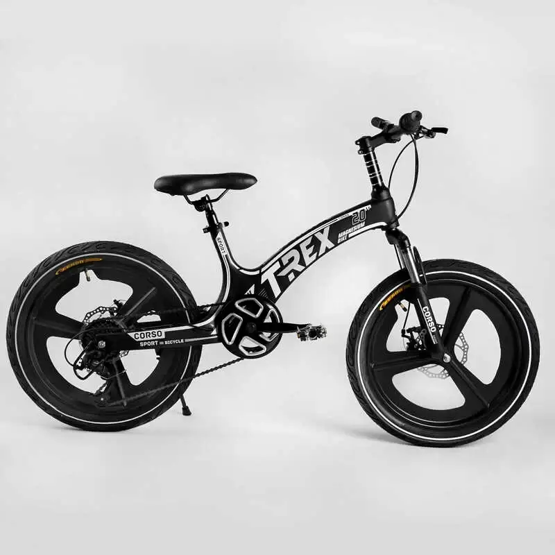 

Велосипед спортивный детский CORSO «T-REX» 20 дюймов, магниевая рама, черно-белый, Черный