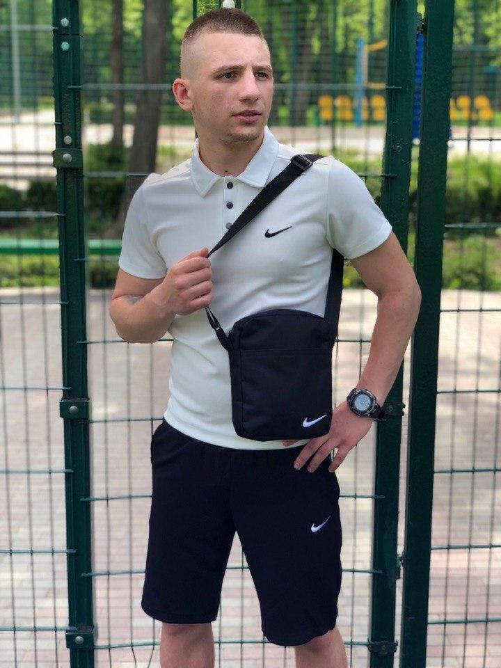 

Комплект мужской Nike Футболка поло + Шорты + Барсетка | Спортивный костюм летний Найк черно-белый ТОП