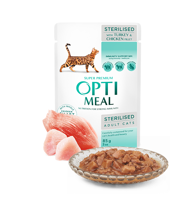 

Optimeal пауч с индейкой и курицей для стерильных котов 85г