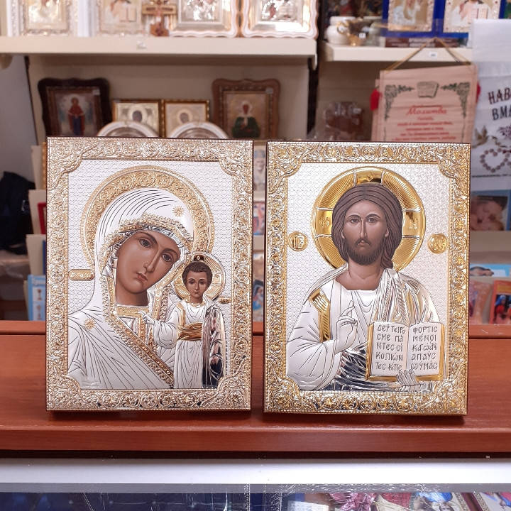 

Иконы венчальные 12х16 см серебряные на дереве из Греции