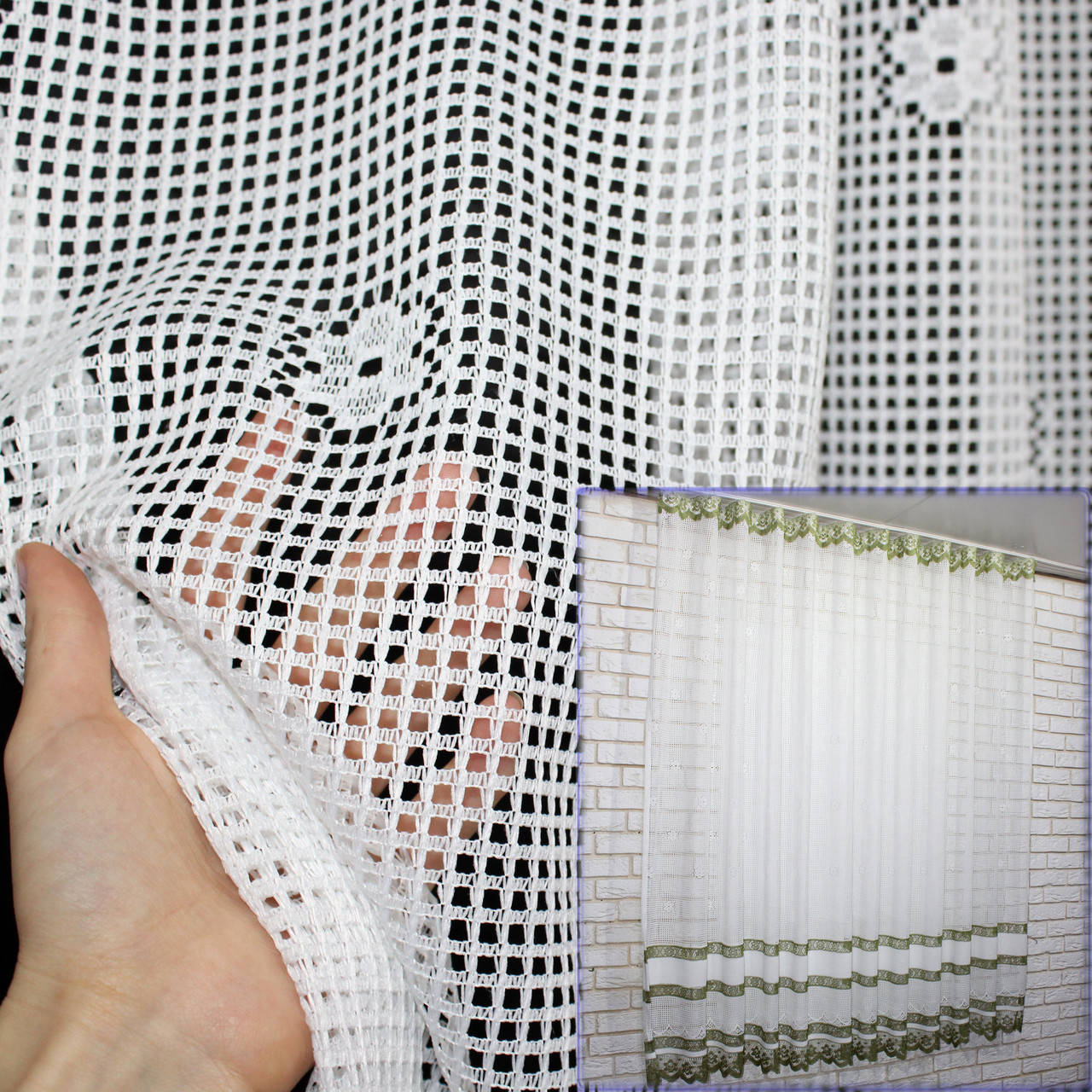 

Короткая тюль (гардина) сетка. Цвет белый с зеленым. Тюль (гардина) в кухню, на балкон, веранду. Высота 2м