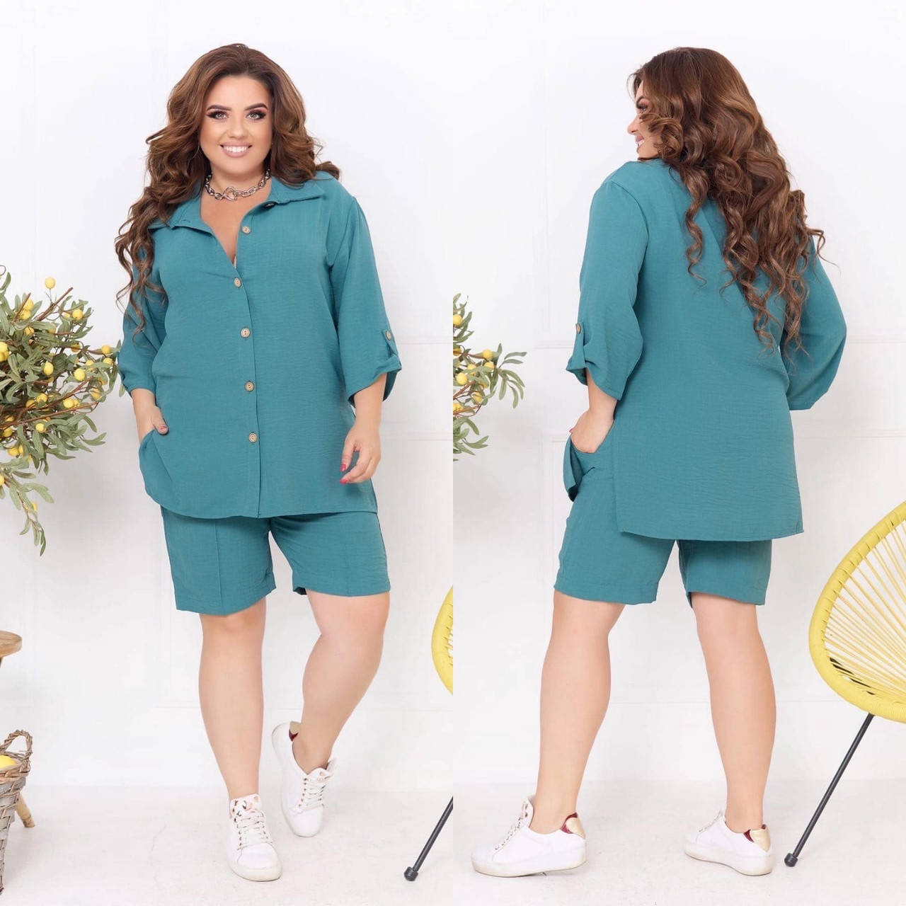 

Женский летний костюм с шортами и рубашкой размер: 48-50.52-54.56-58, Разные цвета