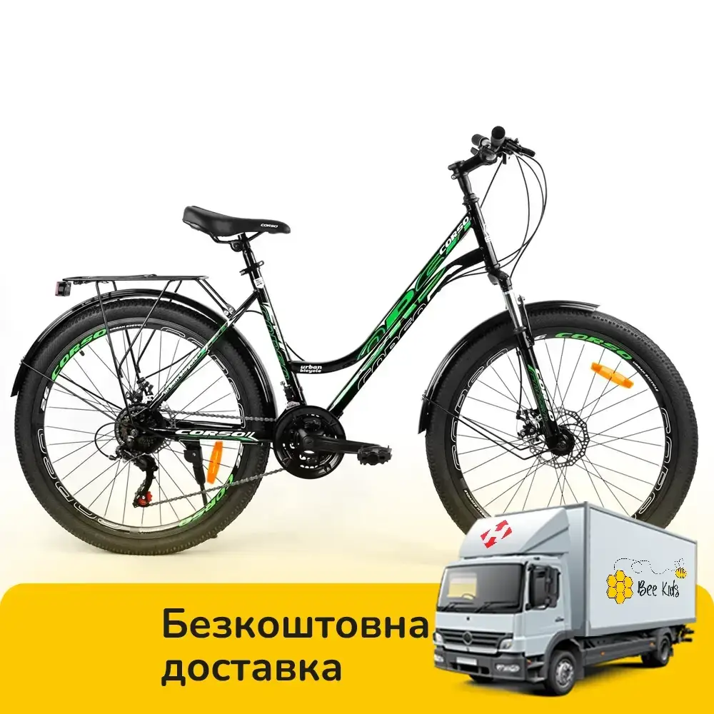 

Спортивный велосипед 26 дюймов (21 скорость, сборка 75%) Corso Urban 78922 Черно-зеленый, Зелёный