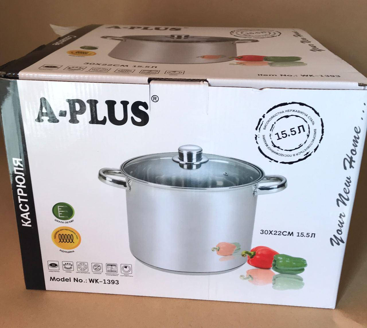 

Кастрюля 15,5 л. трёхслойное дно из нержавеющей стали A-PLUS WK-1393, Светло-серый