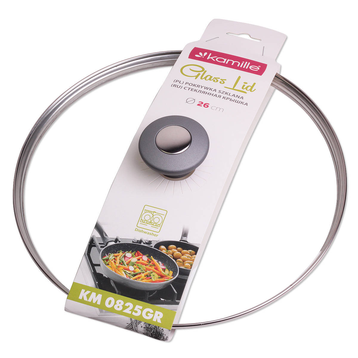 

Крышка стеклянная Kamille 26см с металлическим ободком KM-0825GR