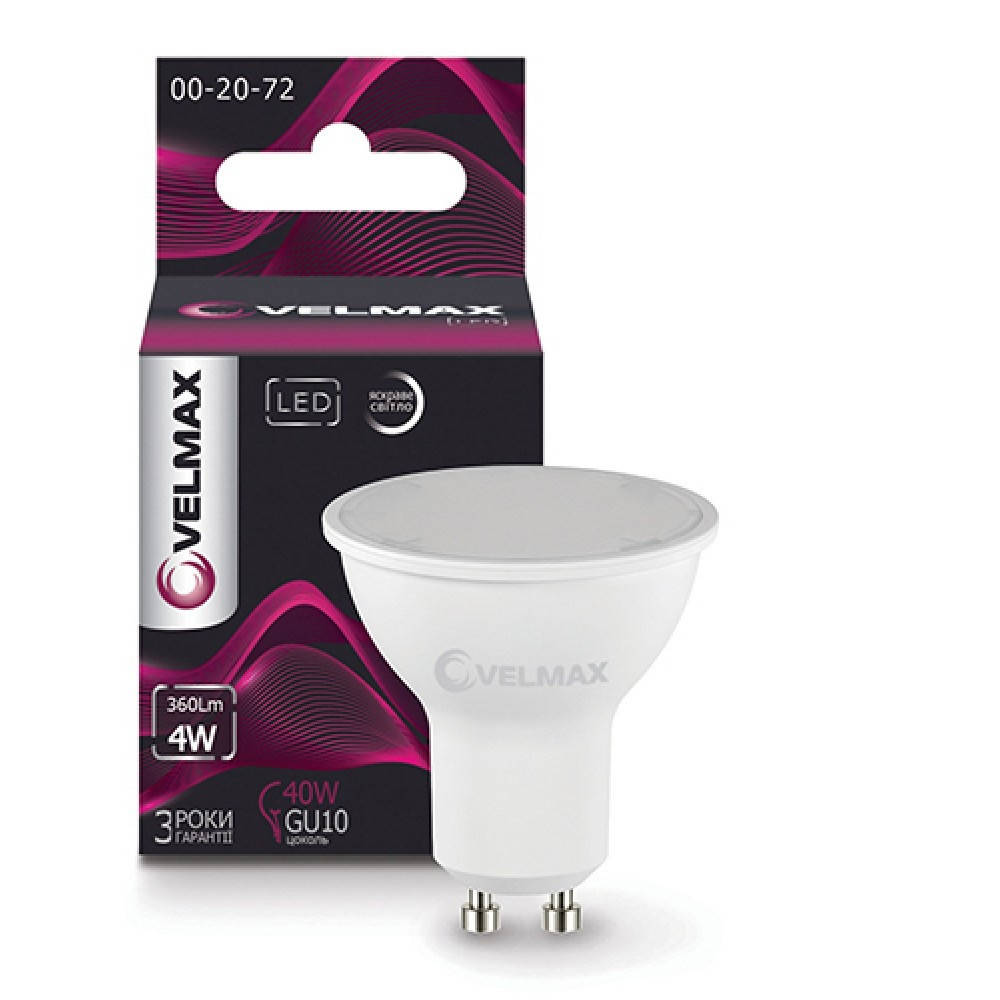 

LED лампа 4W Velmax V-MR16 GU10 4100K 360Lm угол 120 °