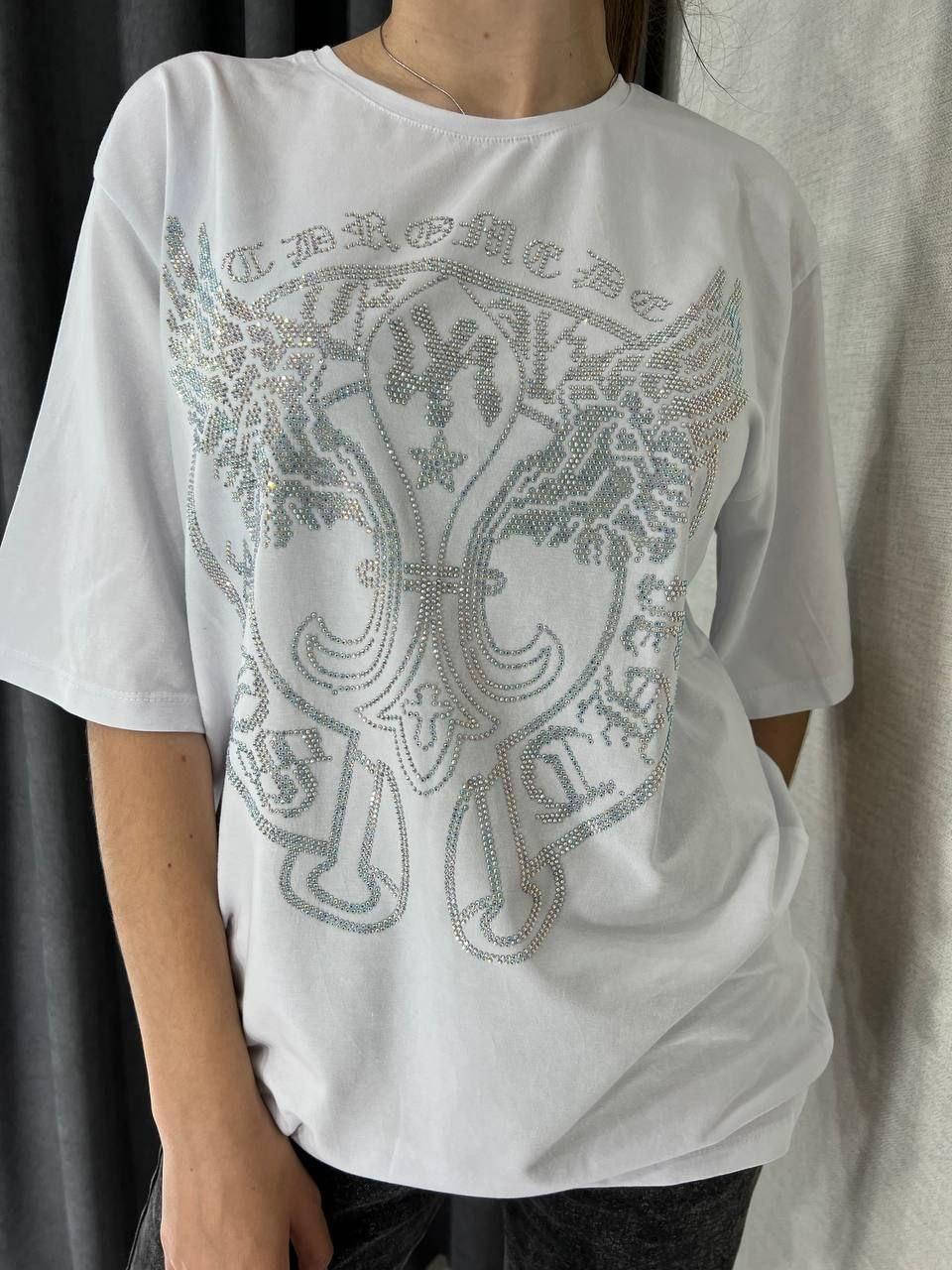 

Белая женская футболка оверсайз со стразами, женская футболка Турция, Белый