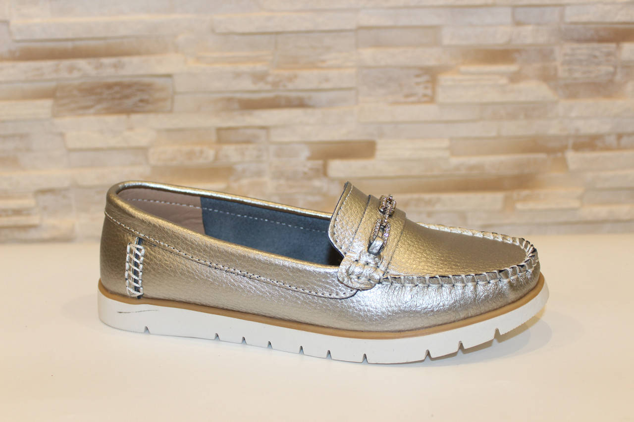 

Туфли мокасины женские серебристые натуральная кожа Т1302 39, Серебристый