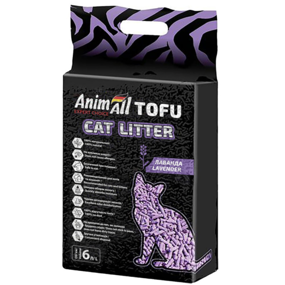 

AnimAll TOFU Энимал ТОФУ соевый наполнитель для кошек c ароматом лаванды, 6 л (2,6 кг.)